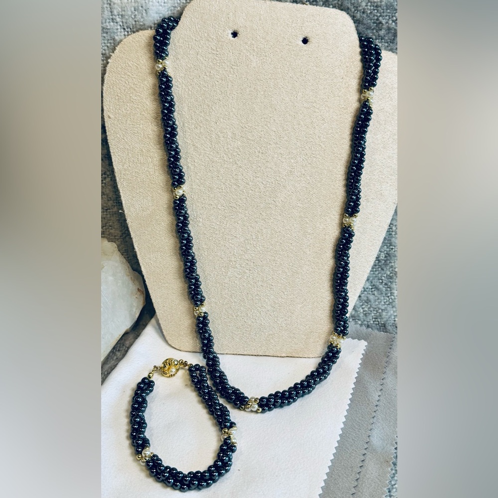 Vintage Black Faux Triple Rope Pearl Necklace & Bracelet
